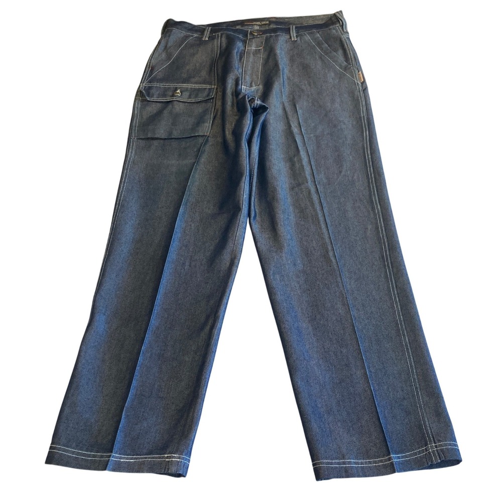 Vintage FUBU Denim Jeans Men Fit 38x33 Wide Leg Carpenter Satin Sheen Baggy Y2K